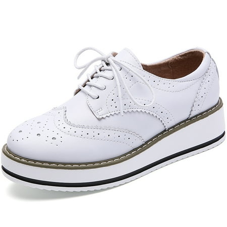 DADAWEN White Matte Lace-up Square Toe Women s Platform Flats Shoes Casual Oxfords for Ladies Size 6.5 US