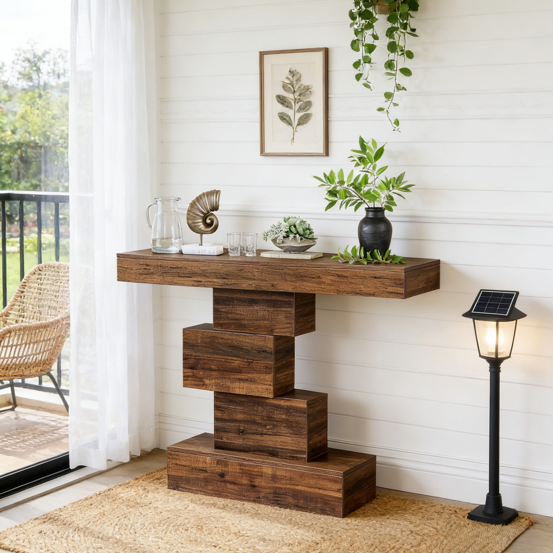 Fnova 42.5" Farmhouse Console Table, Wood Sofa Table with Geometric Storage, Narrow Accent Table for Living Room, Entryway, Hallway