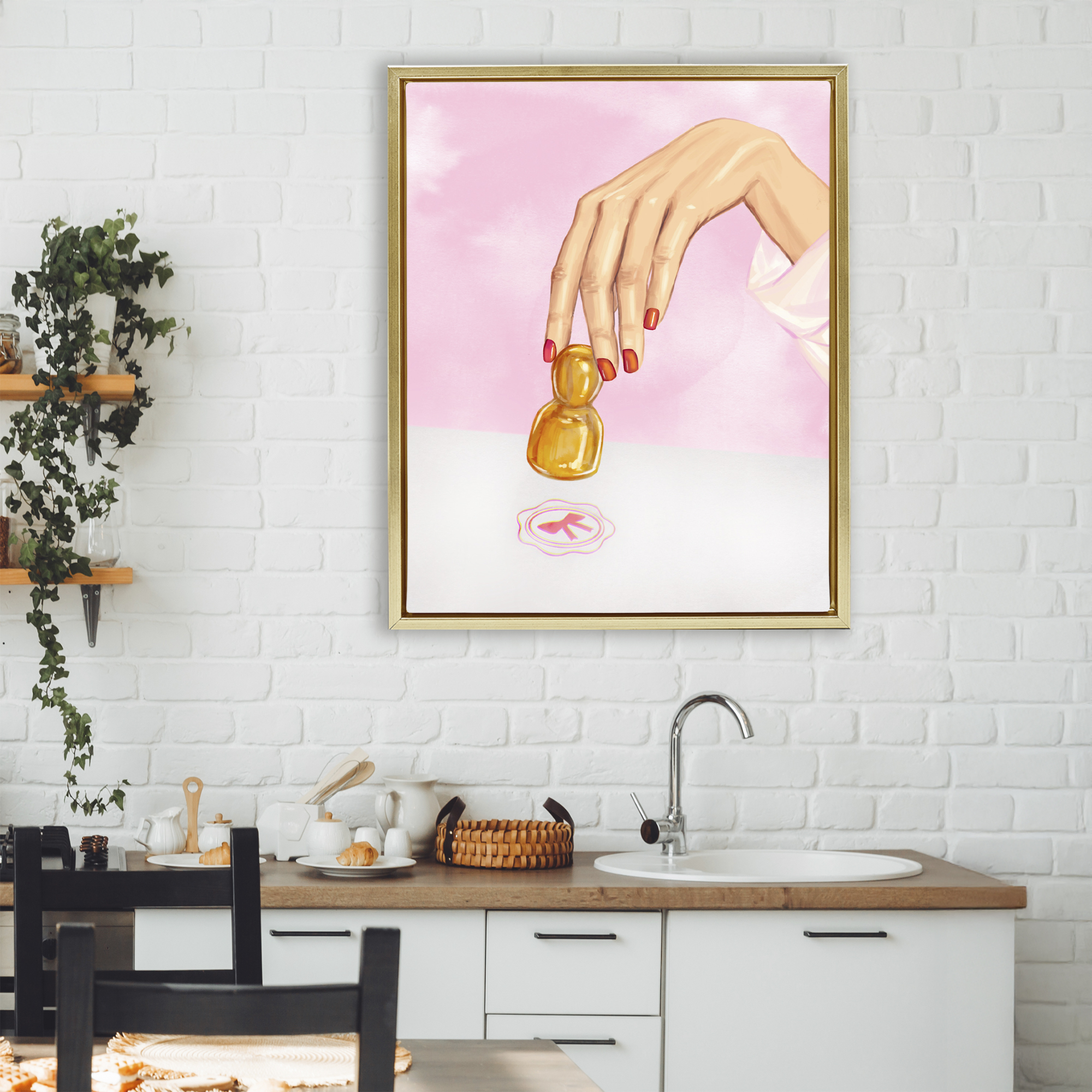 Pink Bow Fashion Stamper Gold Framed Floater Canvas Wall Art, design by Ziwei Li