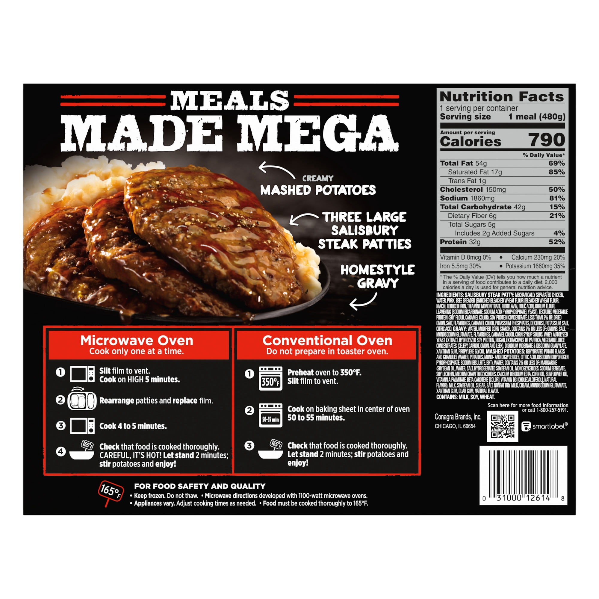 Banquet Mega Meals Salisbury Steak with Mashed Potatoes, 32g Protein, Frozen Meal, 16.95 oz.