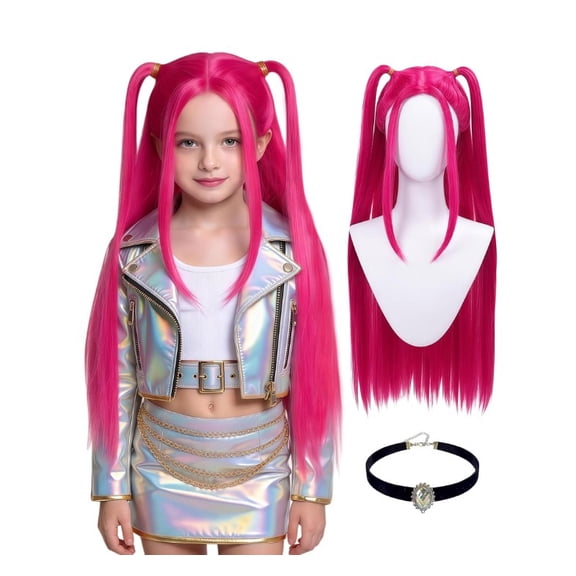 Girls Popular Singer Hot Pink Pigtail Costume Wig, Pop Idol Group Cosplay Hair with Choker Necklace & Wig Cap, Kids Halloween Party Dress Up Accessories