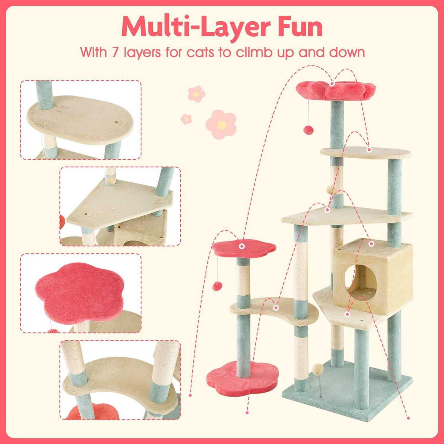 Pefilos 61" Tall Floral Kitten Tower, Flower-shaped Padded Perch, 5 Platforms & Condo, Blue