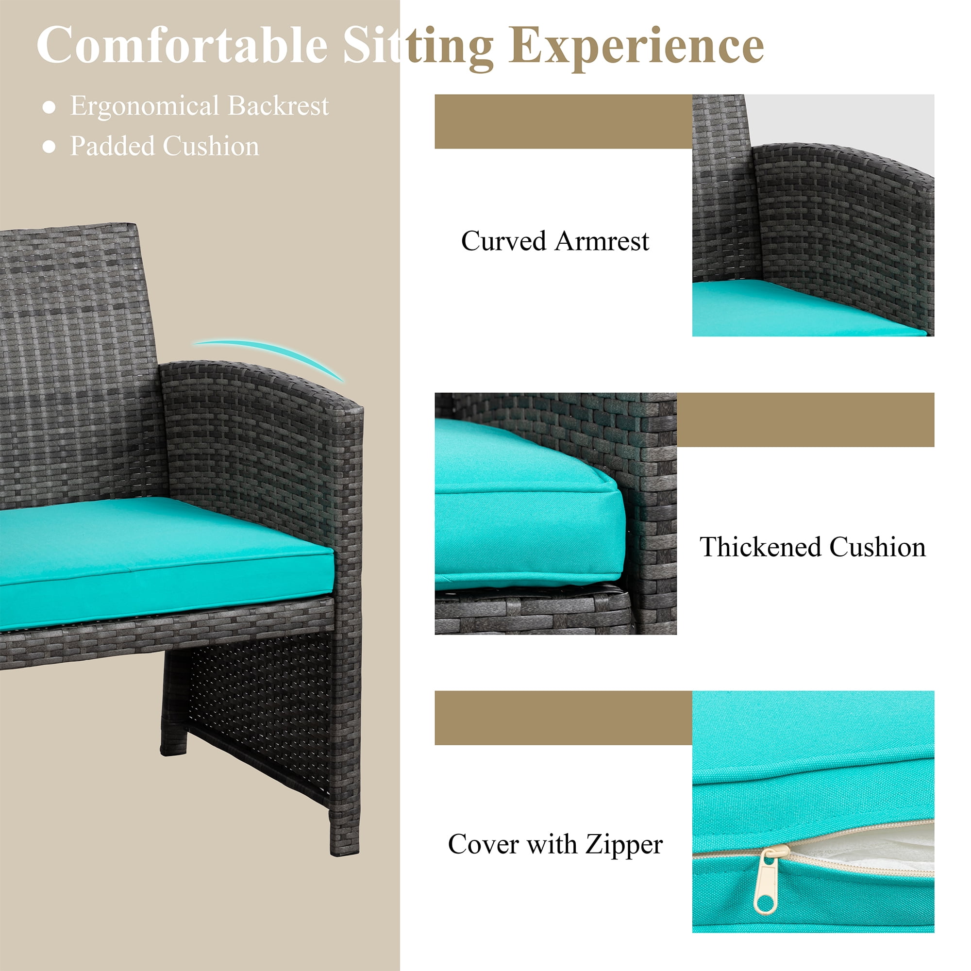 Walsunny 4-Piece Patio Rattan Furniture Set with Cushions & Tempered Glass Tabletop, Blue