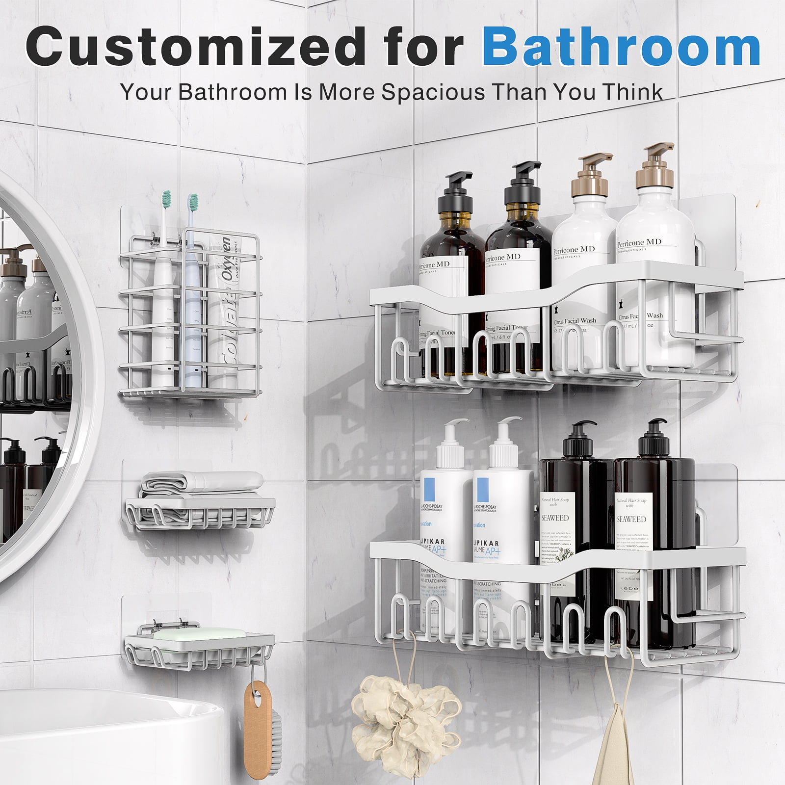 Shower Caddy 5 Pack,Adhesive Shower Organizer for Bathroom Storage&Home Decor&Kitchen,No Drilling,Large Capacity,Rustproof Stainless Steel Bathroom Organizer,Shower Shelves for Inside Shower