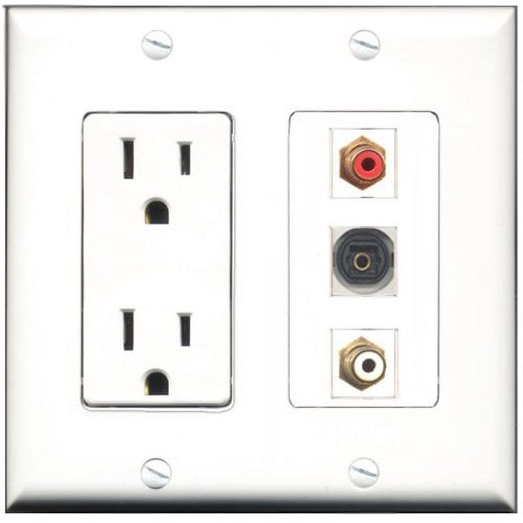 RiteAV - 15 Amp Power Outlet 1 Port RCA Red 1 Port RCA White 1 Port Toslink Decorative Wall Plate