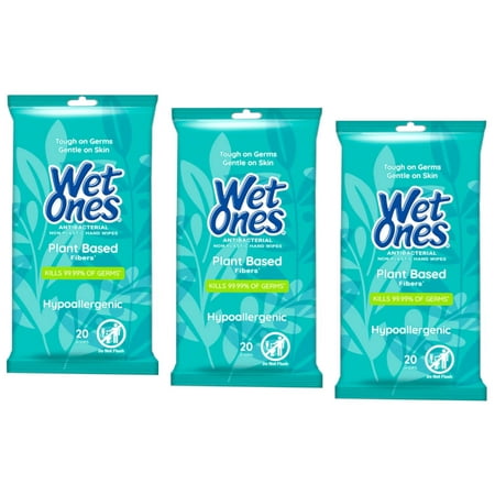 Wet Ones Antibacterial Plant Based Fiber Hypoallergenic Hand Wipes, 20 Count - Pack of 3