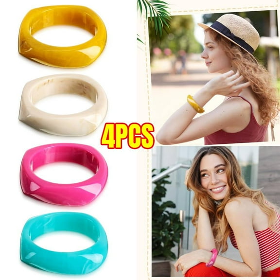 4 PCS Colorful Acrylic Resin Bangle Bracelet Tortoiseshell Acetate Plate Cuff Bracelet Wristbands Retro Wide Irregular Geometric Plastic Bracelet for Women