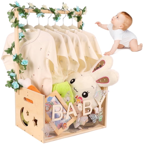 Baby Shower Crate Closet with Acrylic Clear Front Panel, Wood Shower Basket with Handle, Perfect Storage Crate for New Baby Gift