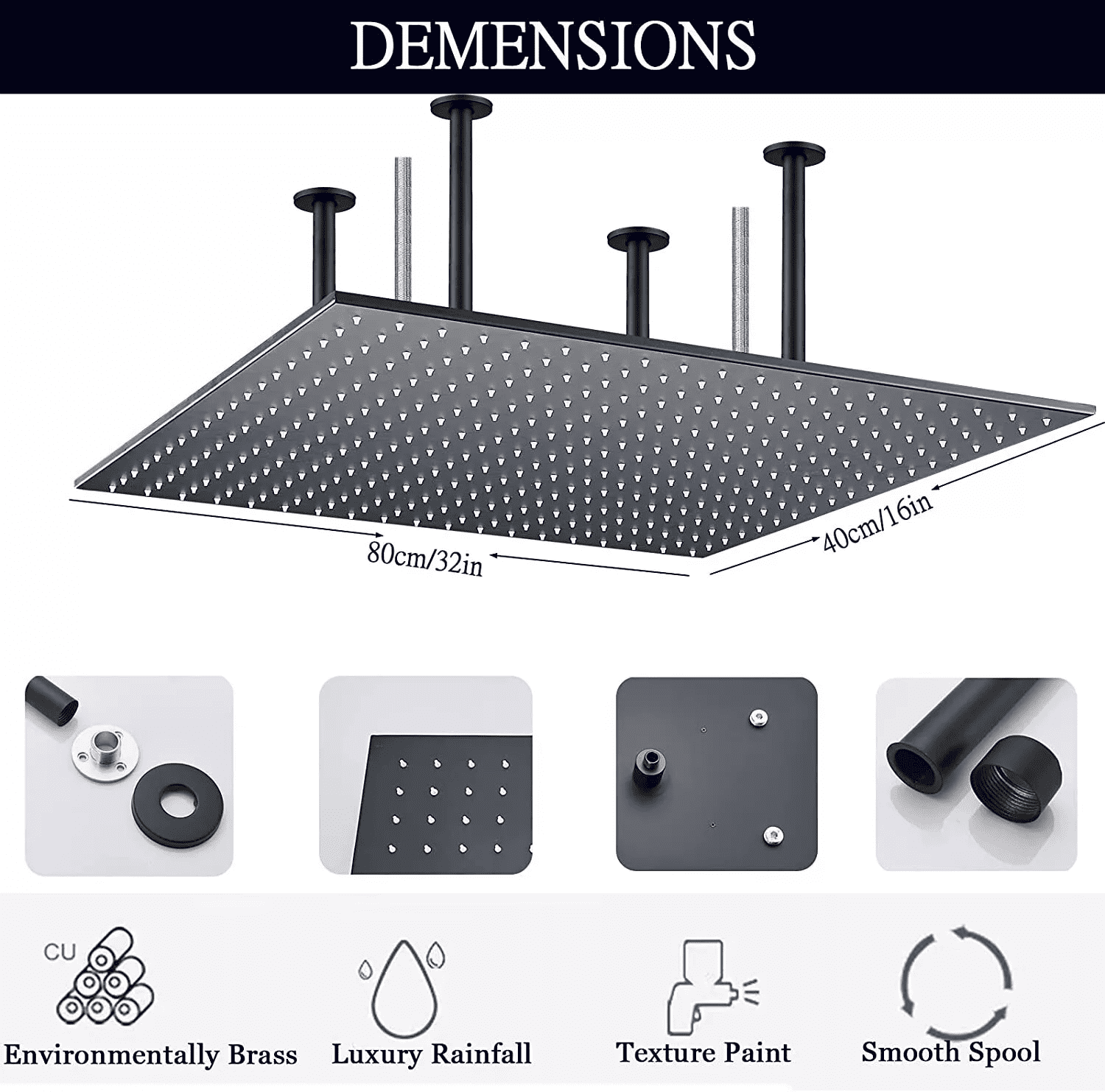 Black Shower Faucet Set with Valve 16x32 inch Rain Shower Head Combo Kit Ceiling Mount
