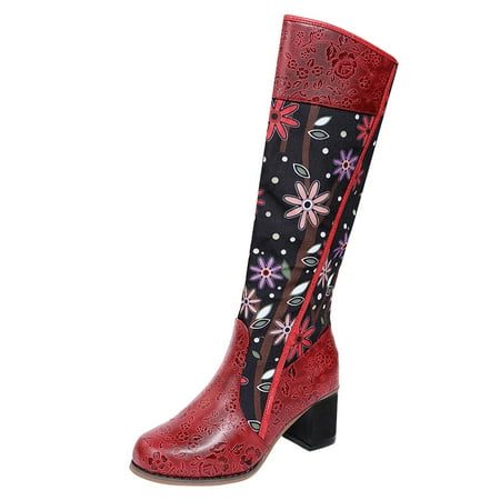 

iOPQO Women s Ankle Boots Women Embroidery Print Flowers Round Middle Heels Zipper Toe Booties Shoes Retro Women s Boots Toe Leather Square Heel Vintage Red 39