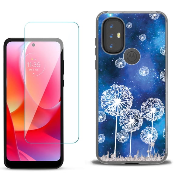 Slim-Fit Gel TPU Phone Case for Motorola Moto G Power 2022, with Tempered Glass Screen Protector, by OneToughShield ® - Dandelion Stars
