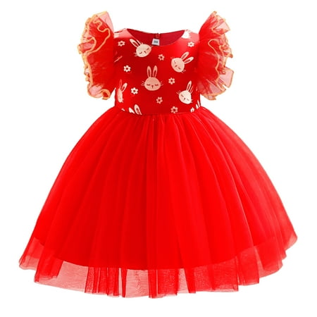 

2T Toddler Girls Wedding Princess Dress Party Dress Formal Pageant Dress 3T Toddler Girl Fly Ruffled Sleeve Sequins Bunny Prints Upper Ruffled Tulle Layer Elegant Party Dress Red