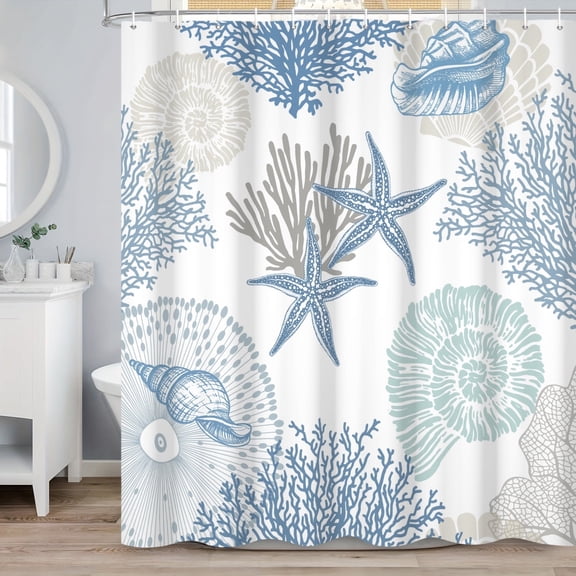 SUNOLIFE Teal Coastal Shower Curtain,Nautical Ocean Beach Theme Coral Fabric Bathroom Curtain,72x72 in