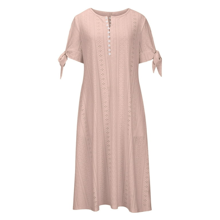 Favipt Ladies Eyelet Dress Maxi Long Dresses for Women 2025 Trendy Short Sleeve Eyelet Tshirt Dress Casual Summer Beach Vacation Dress Beige,L,