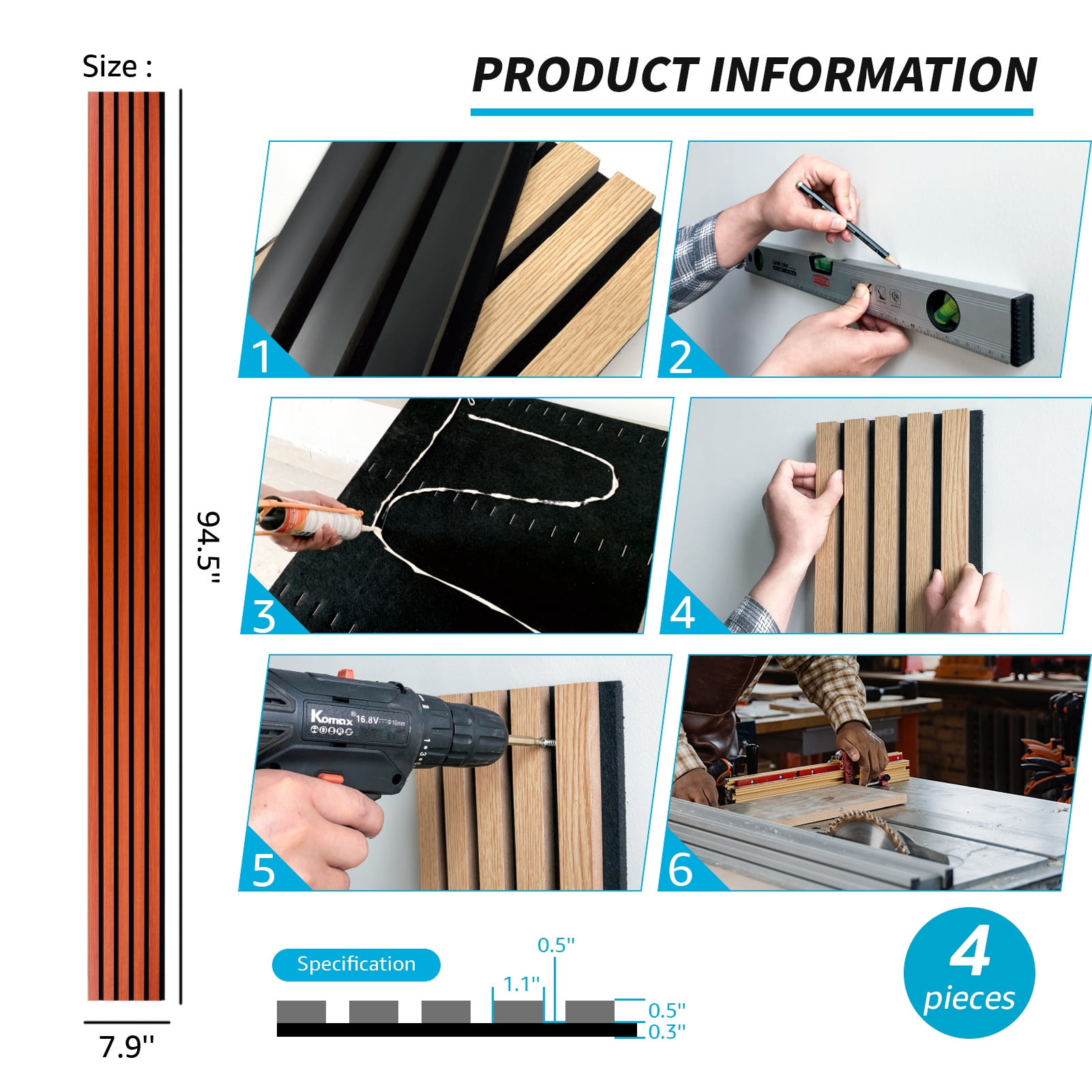 Art3dwallpanel 4Pcs 94.5'' x 7.9'' Wood Slat Acoustic Panels, MDF 3D Wall Panel for Accent Wall Ceiling Office,Cherry