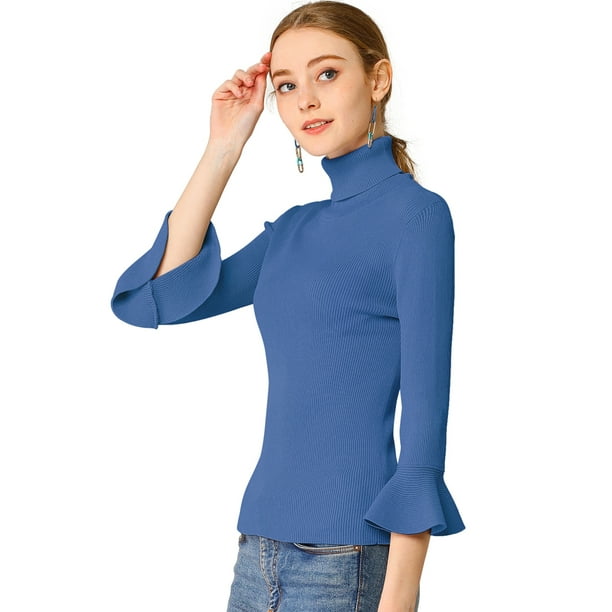Suéter de Cuello Alto Allegra K Con Volantes Para Mujer Jersey De Punto Elástico Ajustado Azul XS