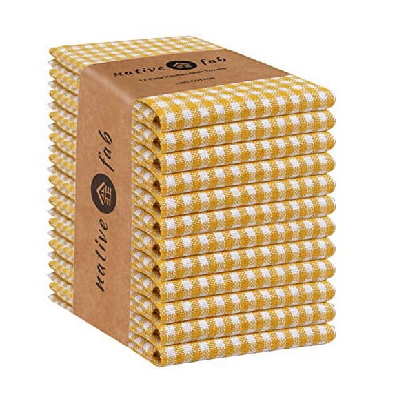 Native Fab 12 Pack Gingham Farmhouse Kitchen Dish Towels Cotton Absorbent Durable Washable 15x25 - Tea Towels, Dish Cloths, Restaurant Cleaning Towels, Kitchen Towels with Hanging Loop, Yellow White