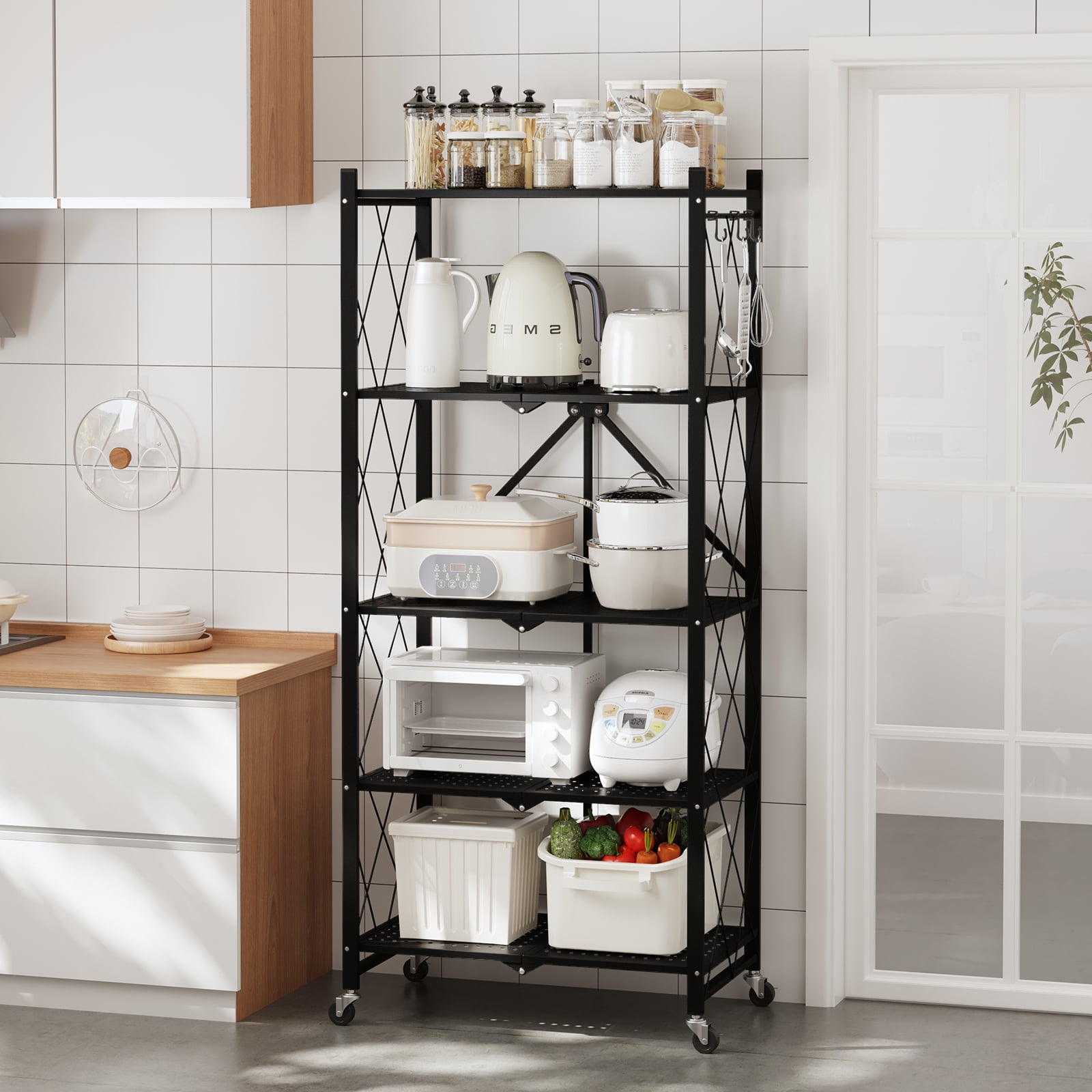 SUGIFT 5-Tier Foldable Metal Storage Shelf with Wheels, No Assembly, Heavy-Duty Organizer (750 lbs) for Home, Garage & Office, Black