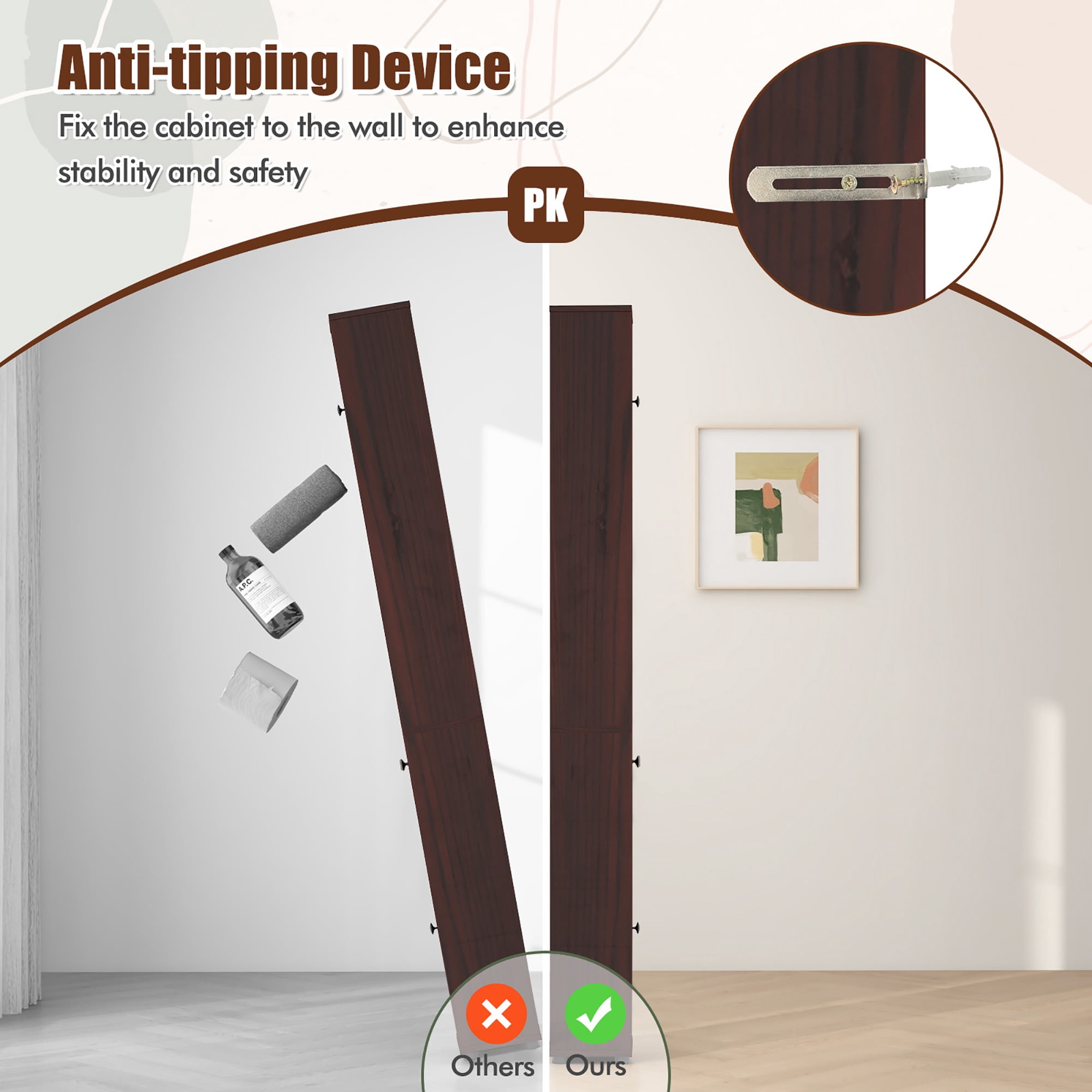 Gymax Tall Slim Bathroom Storage Cabinet Linen Tower w/Drawer Adjustable Shelves Brown