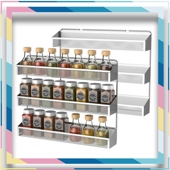 Auledio 2 Pack 3 Tier Metal Spice Rack Organizer Wall Mount Spice Jars Storage Organizer for Kitchen, Silver
