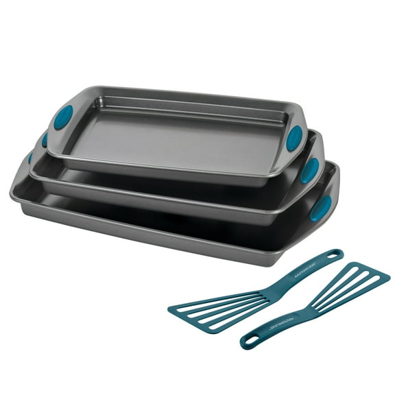 Rachael Ray Nonstick Bakeware Cookie Pan and Turner Spatula Set, 5-Piece, Marine Blue Handles