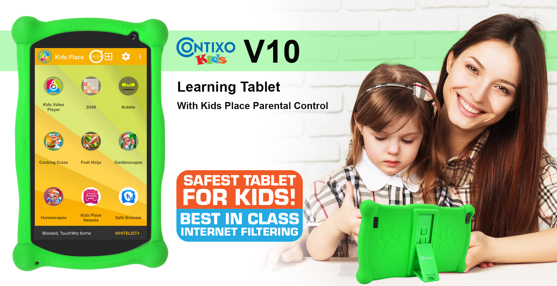 Contixo V10 7" Kids Tablet, Headphones and Tablet Bag Bundle, 32GB Storage, 50+ Disney eBooks, Shockproof Case w/ Kickstand and Stylus - Green - image 2 of 3