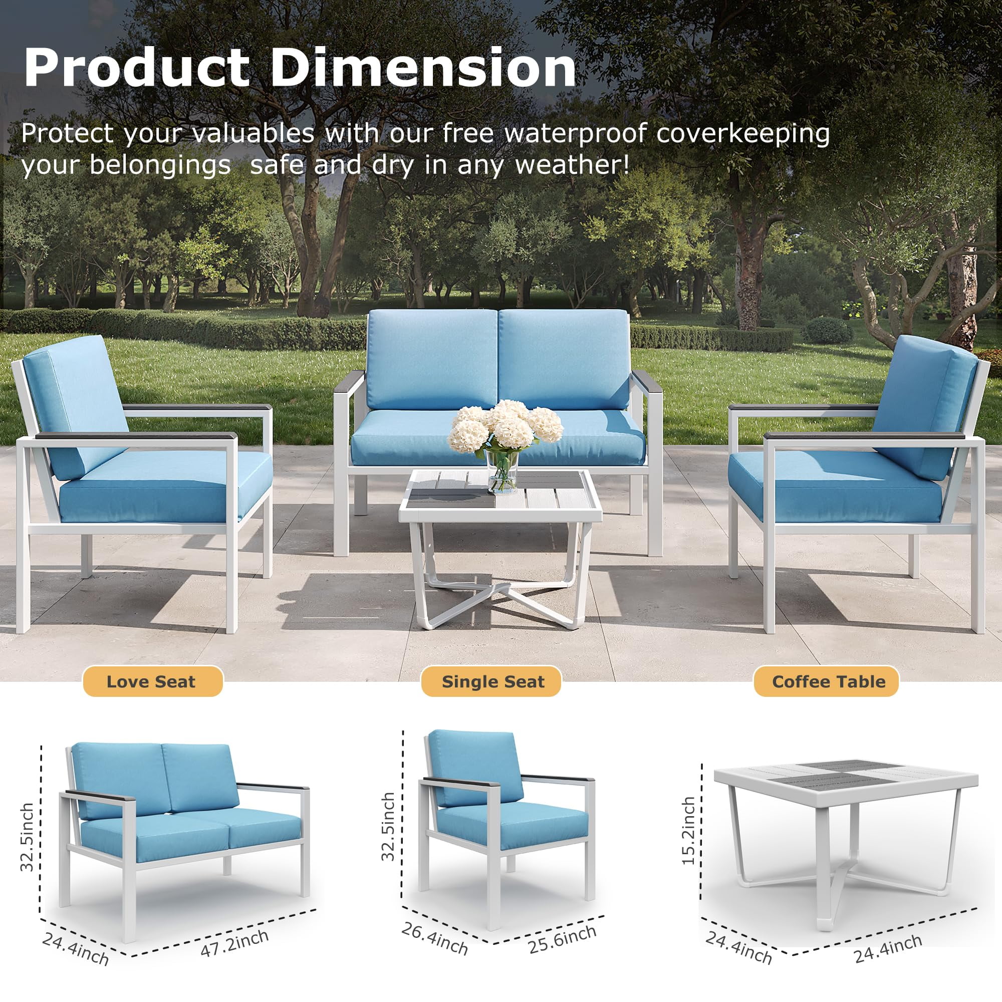 JXXM 4-Piece Outdoor Patio Conversation Set, Metal Furniture with Cushions & Coffee Table, White