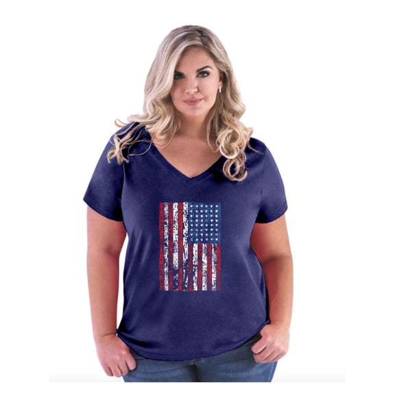 Women's Plus Size V-neck T-Shirt - American Flag 4th of July