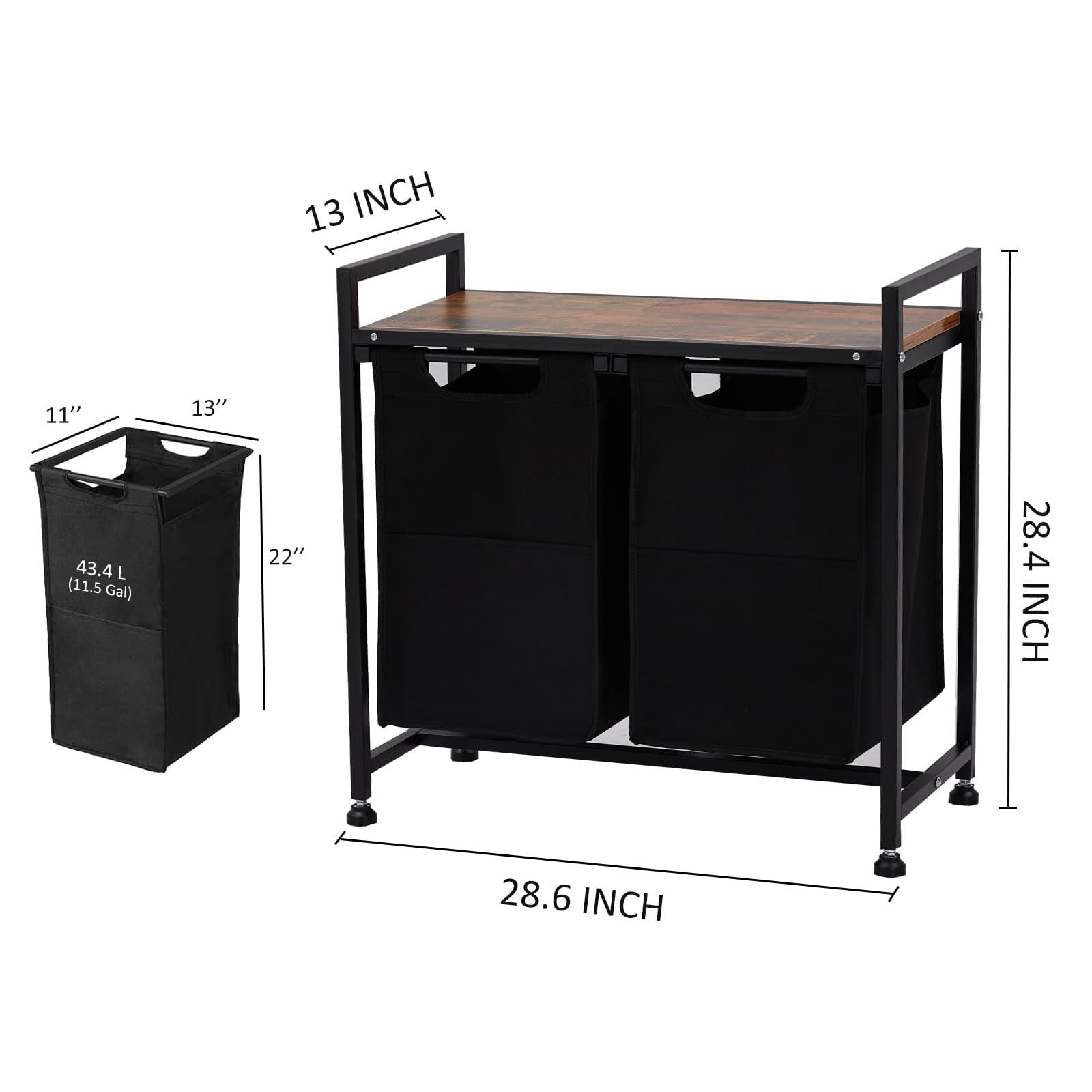 Rolling Laundry Hamper with Shelf - 2 Removable Pull-Out Oxford Baskets - Sturdy Storage Organizer on Wheels for Laundry Room, Bathroom, Bedroom - 2 Baskets