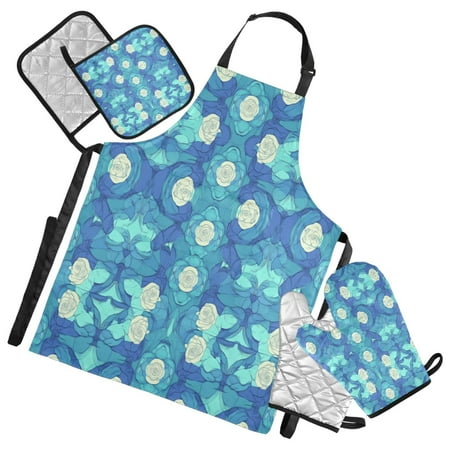 

5-Piece Kitchen Apron Set with Heat-Resistant Gloves & Insulation Mats for Cooking Baking BBQ Blue and Teal Flower