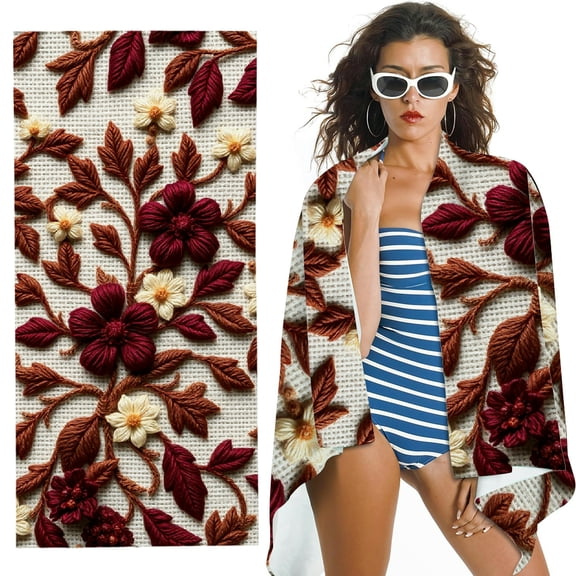 RKSupls Burgundy Floral Embroidery Microfiber Beach Towel, Extra Large Quick Dry Lightweight Absorbent Towel for Travel Swimming Camping, Soft Super Absorbent- 30x60 in