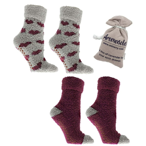 Women's Non-Skid Warm Soft and Fuzzy Lavender Infused 2-Pair Pack Slipper Socks with Lavender Sachet Gift, Hearts, Marshmallow White