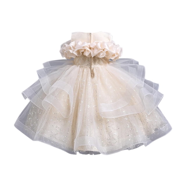 MeetoTime Girls Princess Dress Sleeveless Ruffled Lace Round-Neck Solid Color Mesh Formal Dresses 5-11 Years Children Clothes