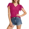 thumbnail image 4 of Craaazy Womens Plus Size Shimmer V Neck T-Shirt with Ruffle Flutter Sleeves Solid Color Top for Casual Occasions, 4 of 7