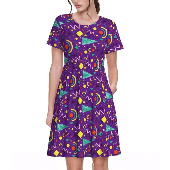 Ratiio Retro 80s Style Print Women's Short Sleeve Dress - Casual A-Line Dress with Side Pockets, Elastic Waist, Comfortable and Breathable Summer Dress