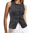 thumbnail image 2 of Sleeveless Crew Neck Women Slim Fit Button Down Denim Vest Tops, 2 of 5