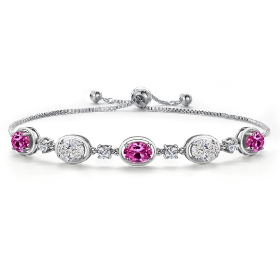 Gem Stone King 925 Sterling Silver Pink Created Sapphire and White Lab Grown Diamond Bracelet for Women | 4.10 Cttw | Gemstone September Birthstone | Oval 7X5MM | Fully Adjustable 9 inch