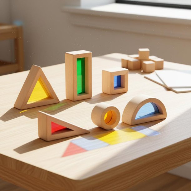 predolo 6 Piezas Bloques de Madera con Acrílico Educativo Bloques de Construcción Translúcidos Sensorial para Niños Pequeños, Preescolar, Guardería