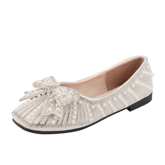 hlysgo Womens Pointed Toe Flats Diamond Bow Sequin Comfortable Slip On Flats Light Weight Dress Shoes White,36