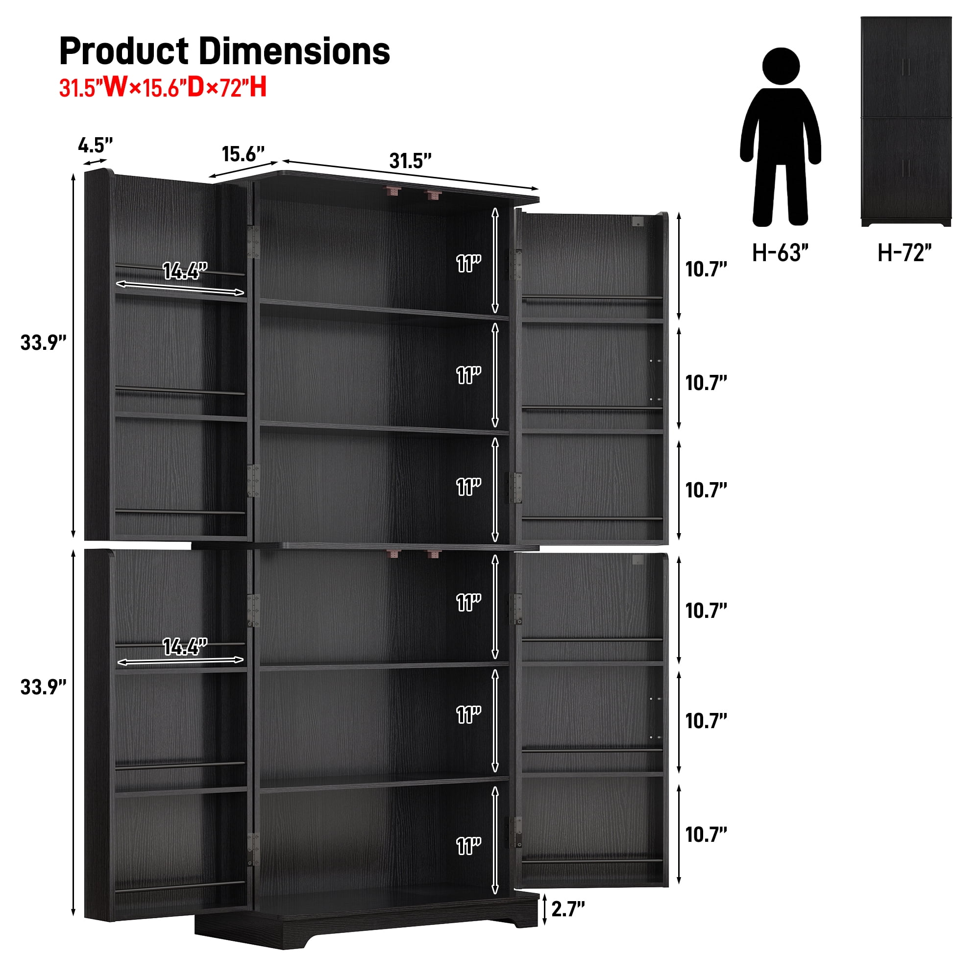 Blotout 72" Tall Kitchen Pantry Cabinet w/ 12 Side Shelves, 6 Layers Modern Cabinet Wood Cupboard, 4 Wood Doors Storage Cabinet w/ Adjustable Shelves for Kitchen, Dining Room, Living Room, Black