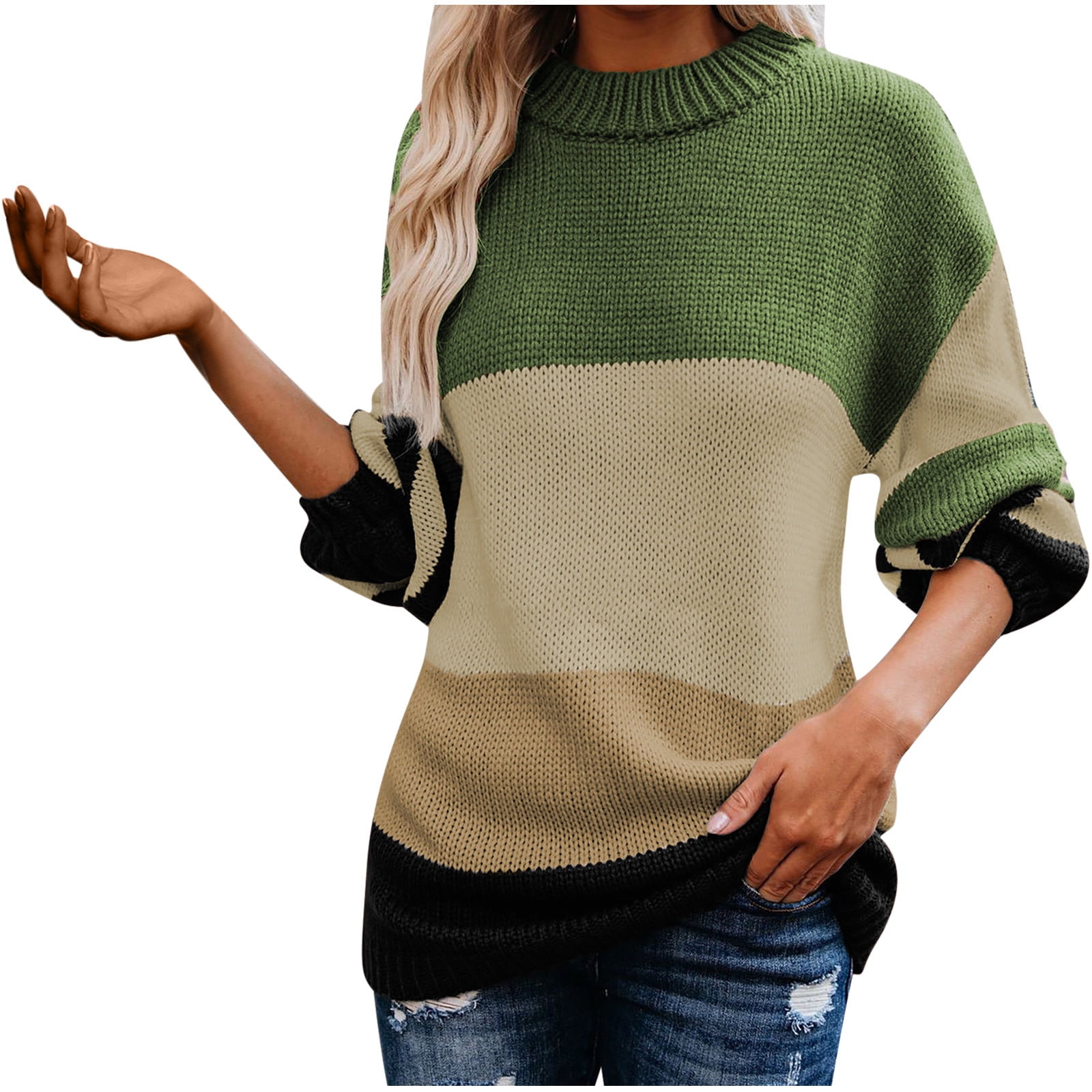 FEMLE Womens Crewneck Sweatshirts Color Block Long Sleeve Sweaters 