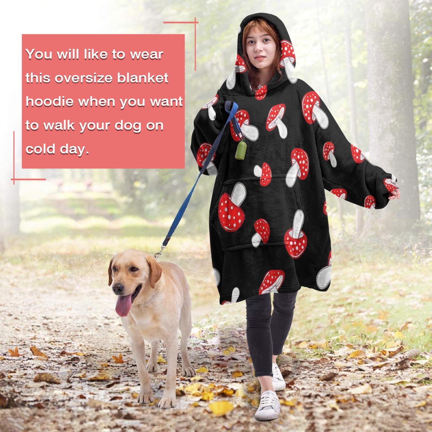 Red Mushroom Polka Dot Black Pattern Wearable Oversized Blanket,Wearable Blanket Hoodie for Adults,Cozy Hooded Blankets with Super Pockets,Super Warm Fuzzy Pullover for Women & Men