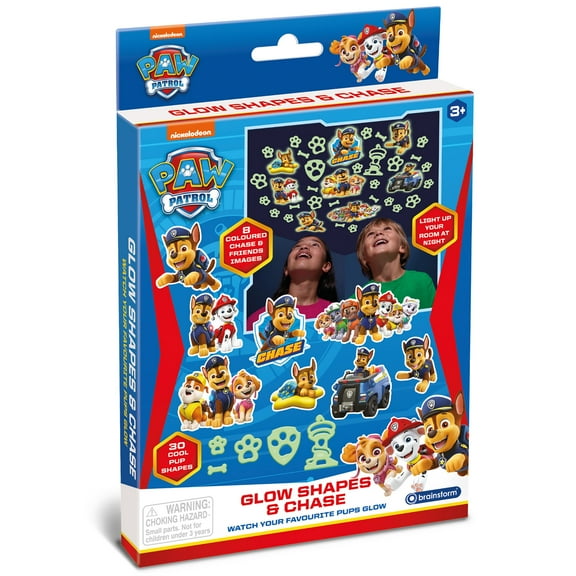 Brainstorm: Paw Patrol - Glow Shapes & Chase ECO - 30pc Paw Patrol Shapes, Glow-In-The Dark, Self-Adhesive Pads, Wall & Ceiling Decor, Nickelodeon