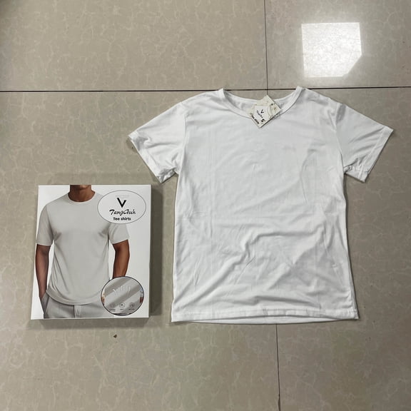 TangGuh Tee shirts Men's White Round Neck Short Sleeve T-Shirt, High Quality Threaded Neckline