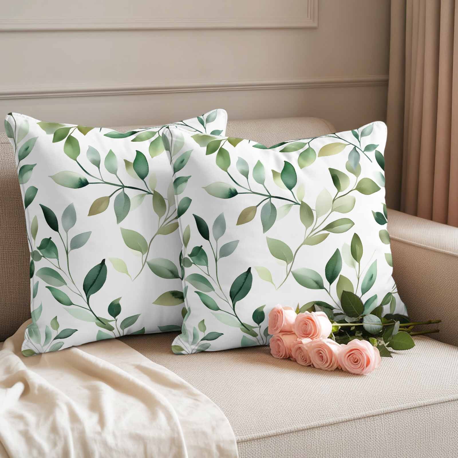 Sage Green Eucalyptus Leaf Pillow Covers 2 Pack Green Leaves Pillowcase Waterproof Outdoor Throw Pillow Cover for Patio Garden Square Cushion 18”x18”