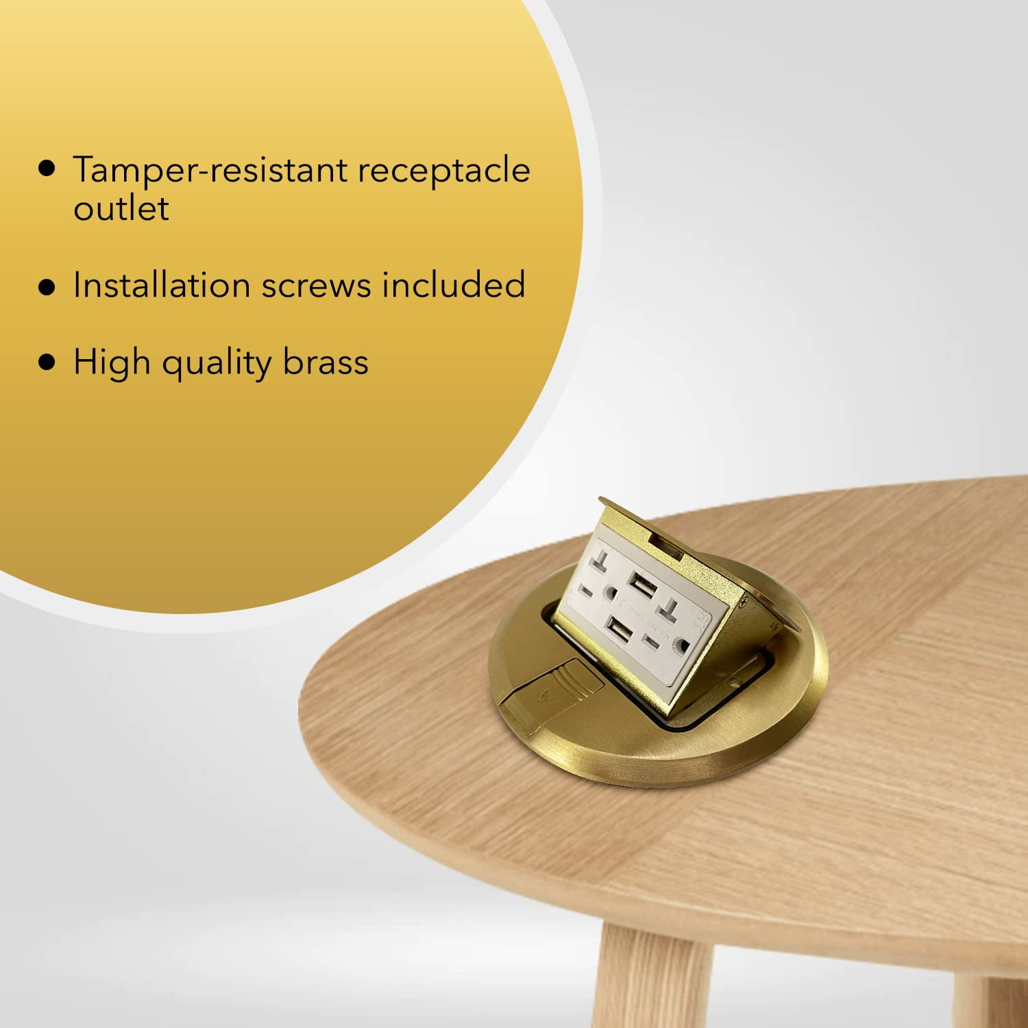 Select Lighting SLFB-PU-USB-BR 20A Pop Up USB Outlet Receptacles, Tamper Resistant Round Electrical Floor Box with Brass Cover, Retractable Recessed Socket for Countertops & Floors