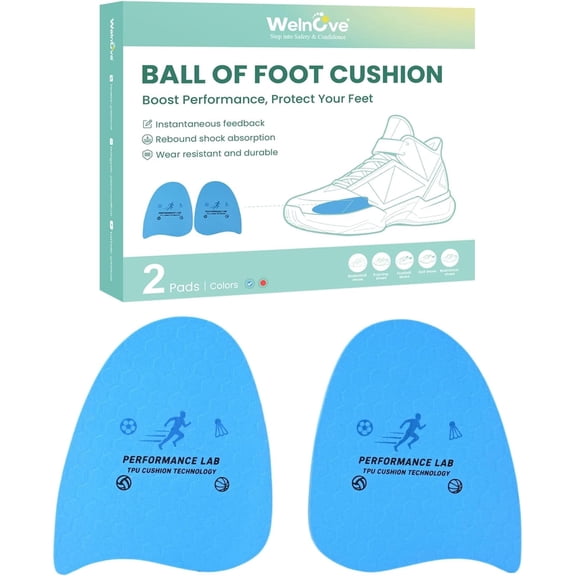 Welnove Metatarsal Pads Ball of Foot Cushions Shock Absorbing Inserts for Running Basketball Shoes, Non-Slip Arch Support Insoles for Men & Women, 1 Pair,Blue