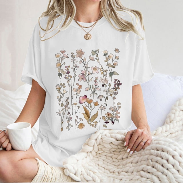 LOVZFMLL Women's Summer Tops Floral Pattern Short Sleeved Round Neck Drop Shoulder Sleeve T-shirt Top