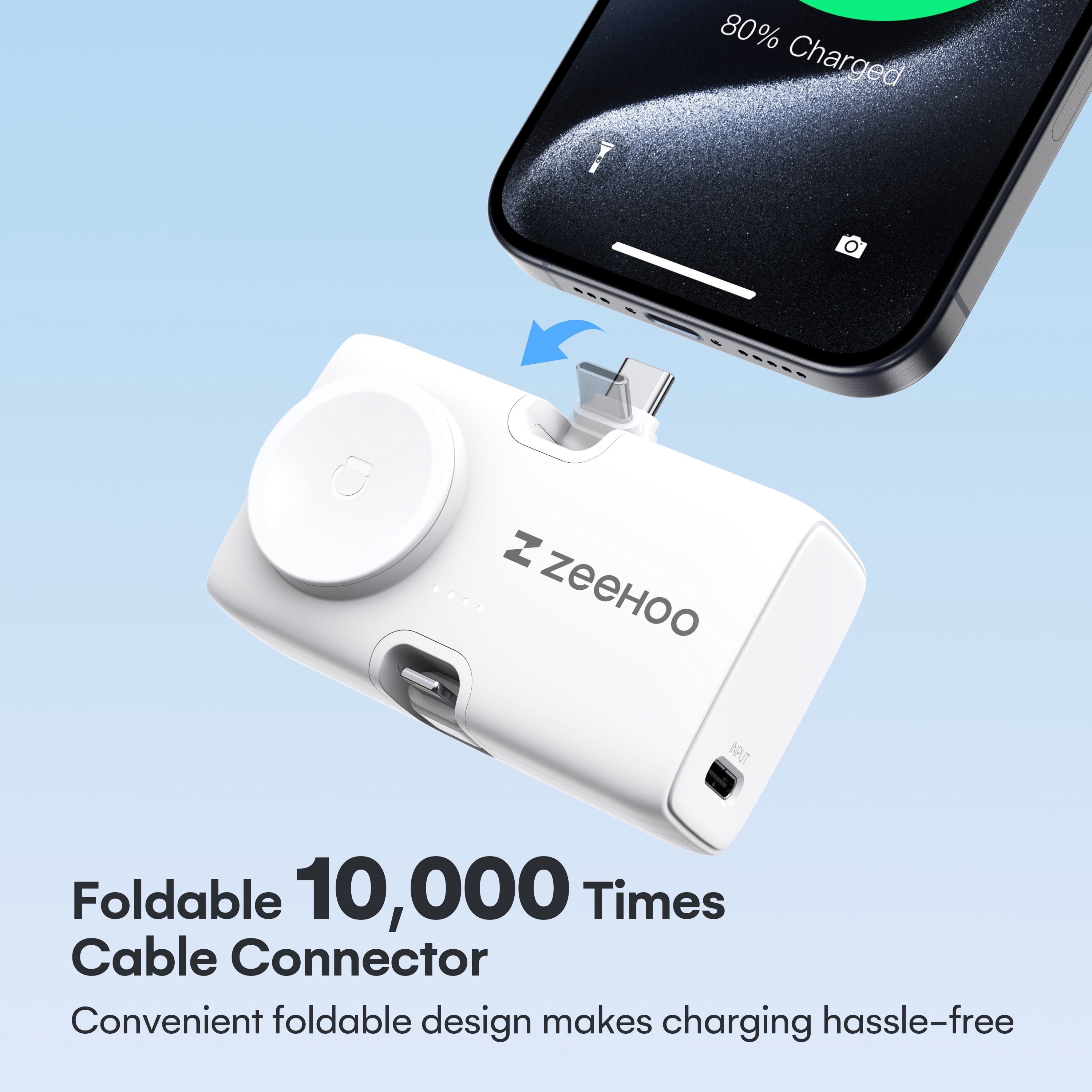 ZeeHoo Tiny Power Bank with Built-In USB-C and Lightning Connector, Portable Power Pack, Black