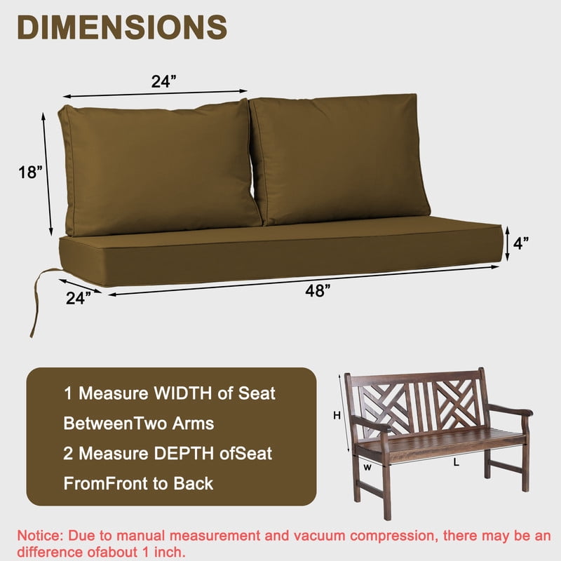 Outdoor Loveseat Cushions Set 48" x 24" Water Repellent & Fadeness Patio Furniture Cushions with Removable Cover and Ties, Patio Love Seat Sofa Cushions for Porch Garden Chair （Coffee）